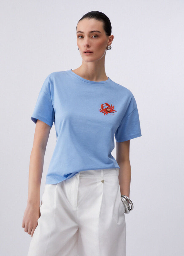 Liu Jo T-Shirt Donna Azzurro Cielo con Ricamo Granchio e Strass - WA6414 JS923 P9431