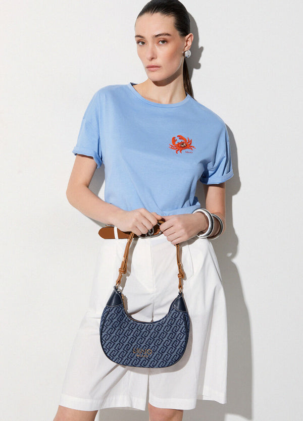 Liu Jo T-Shirt Donna Azzurro Cielo con Ricamo Granchio e Strass - WA6414 JS923 P9431
