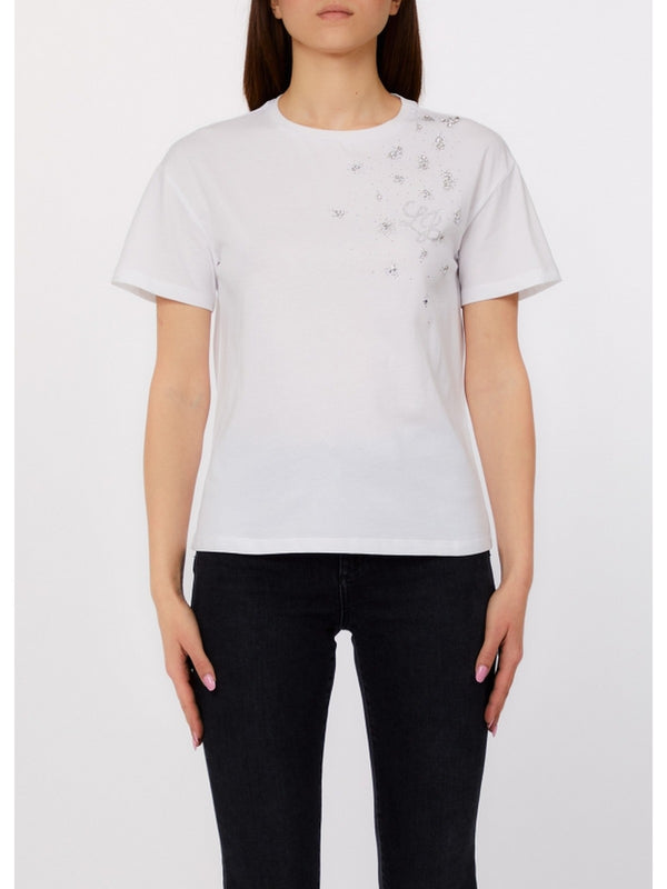 Liu Jo T-shirt Donna Bianca con Logo e Strass WA6238 JS923-P9329