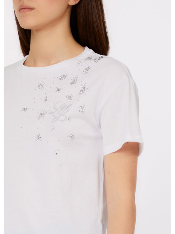 Liu Jo T-shirt Donna Bianca con Logo e Strass WA6238 JS923-P9329