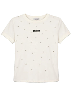 Liu Jo T-Shirt Donna in Cotone Bianca White Milk con Logo Strass - TA6157 JS923 M9223