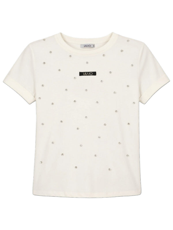 Liu Jo T-Shirt Donna in Cotone Bianca White Milk con Logo Strass - TA6157 JS923 M9223