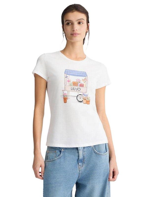 T-shirt Donna Liu Jo - T-shirt con stampa e strass - Bianco