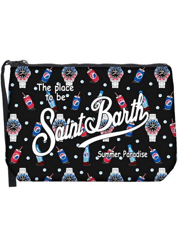 Pochette Uomo Mc2 Saint Barth - Pochette Aline in scuba con stampa orologi e drink - Nero