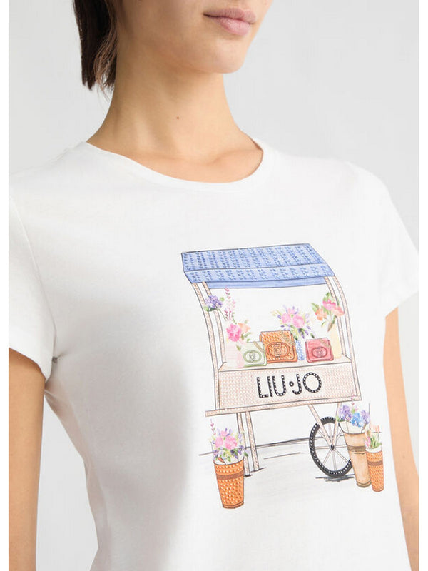 T-shirt Donna Liu Jo - T-shirt con stampa e strass - Bianco