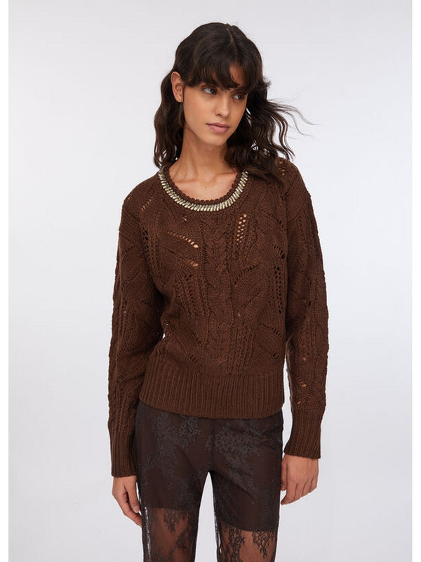 Maglie Donna Liu Jo - Maglia traforata con pietre gioiello - Marrone