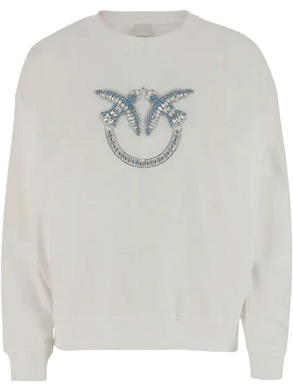 Felpe senza cappuccio Donna Pinko - Felpa girocollo con ricamo gioiello Love Birds - Bianco